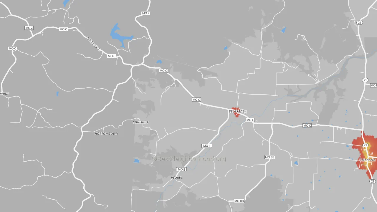 Walk Grade map of 63622, MO, walkable areas in green and car-dependent areas in red