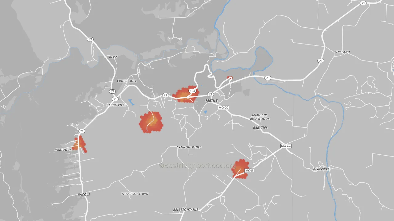 Walk Grade map of 63626, MO, walkable areas in green and car-dependent areas in red