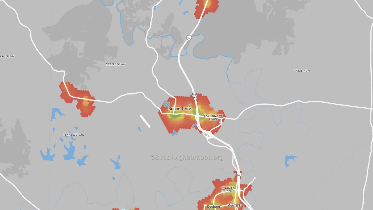 Walk Grade map of 63628, MO, walkable areas in green and car-dependent areas in red
