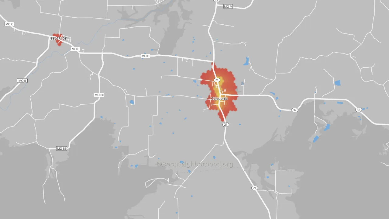 Walk Grade map of 63631, MO, walkable areas in green and car-dependent areas in red