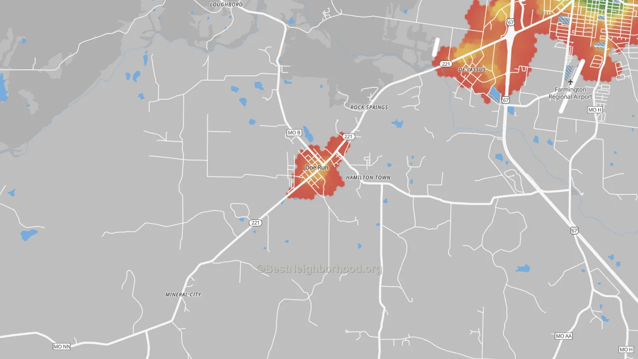 Walk Grade map of 63637, MO, walkable areas in green and car-dependent areas in red