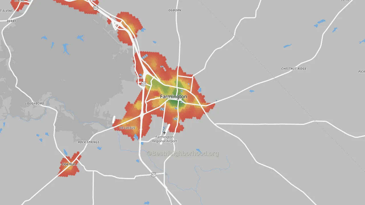 Walk Grade map of 63640, MO, walkable areas in green and car-dependent areas in red