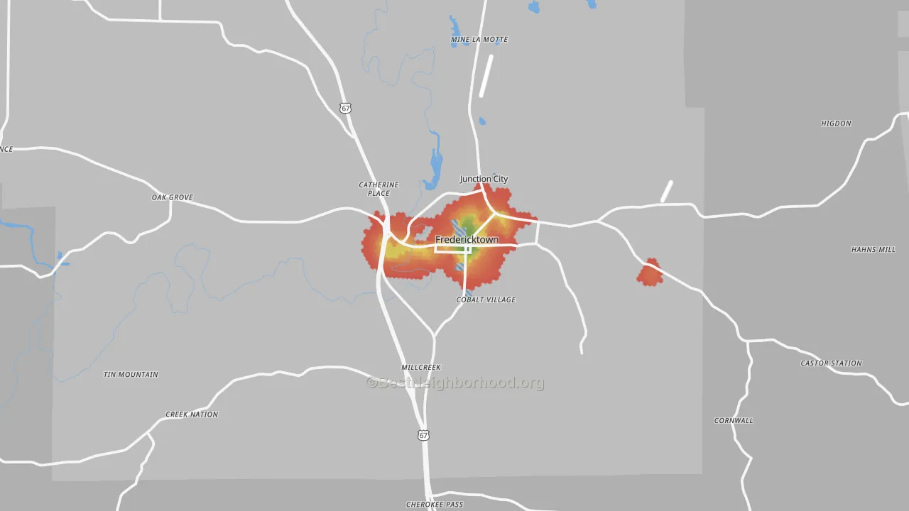 Walk Grade map of 63645, MO, walkable areas in green and car-dependent areas in red