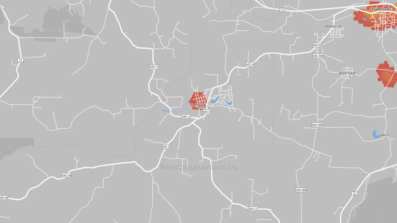 Walk Grade map of 63648, MO, walkable areas in green and car-dependent areas in red