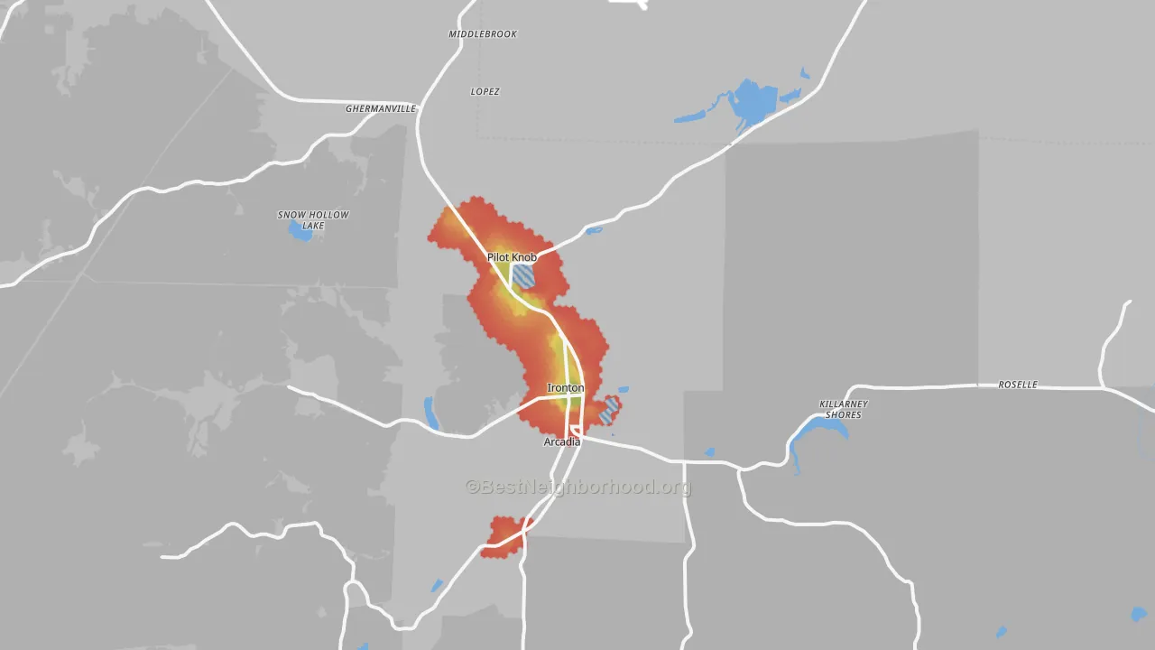Walk Grade map of 63650, MO, walkable areas in green and car-dependent areas in red
