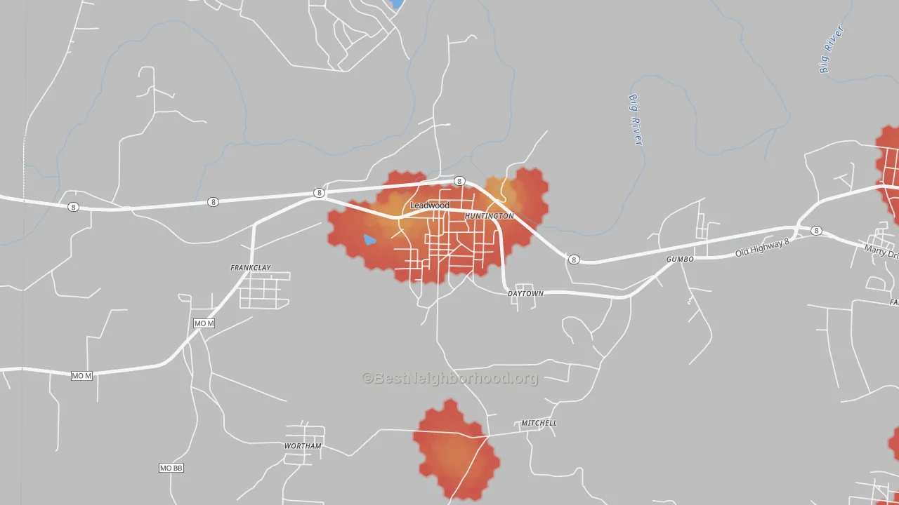 Walk Grade map of 63653, MO, walkable areas in green and car-dependent areas in red