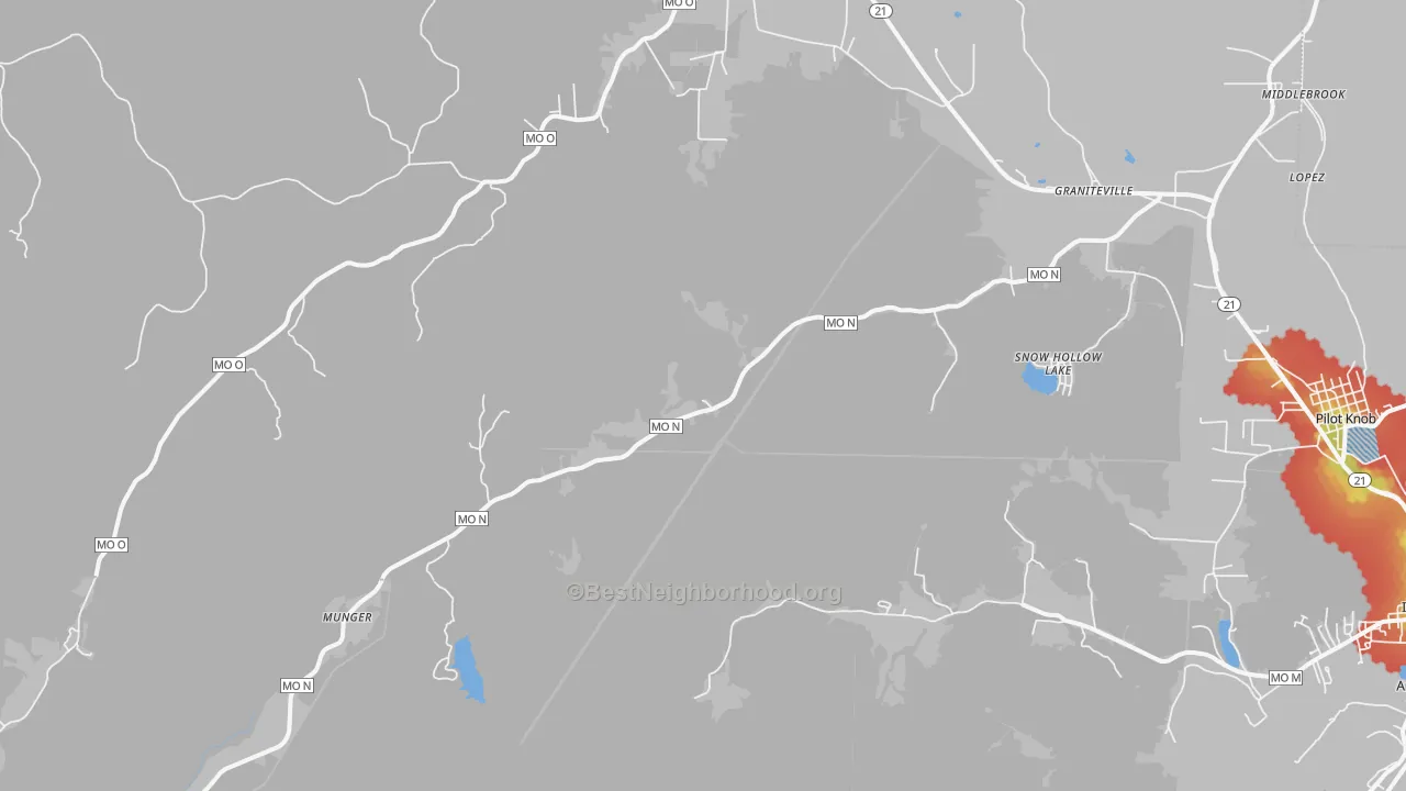 Walk Grade map of 63656, MO, walkable areas in green and car-dependent areas in red