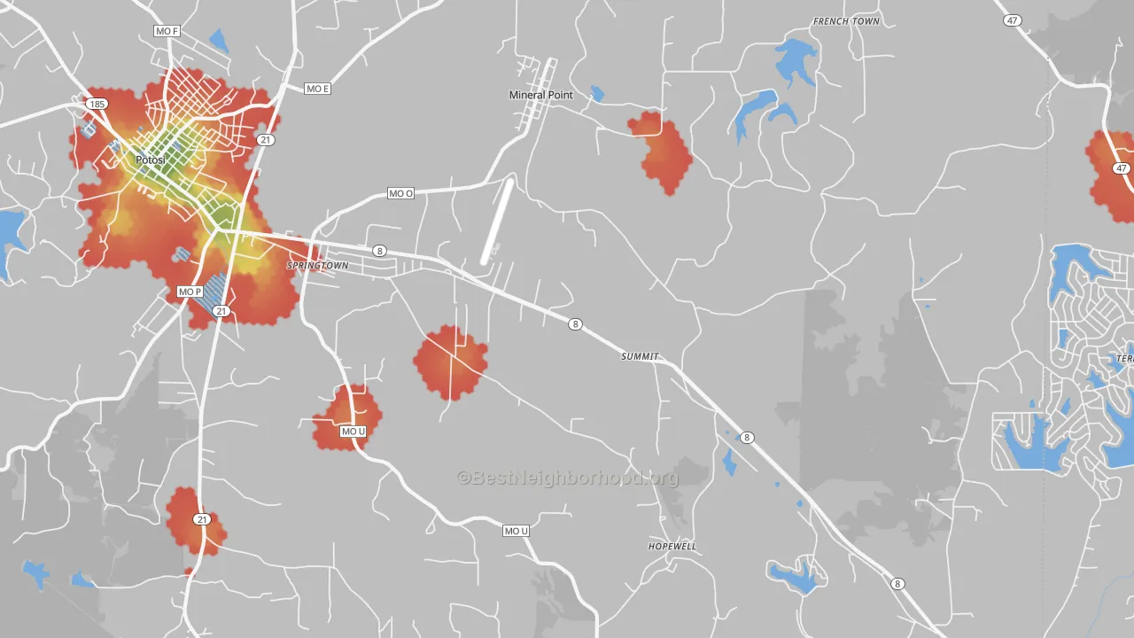 Walk Grade map of 63660, MO, walkable areas in green and car-dependent areas in red