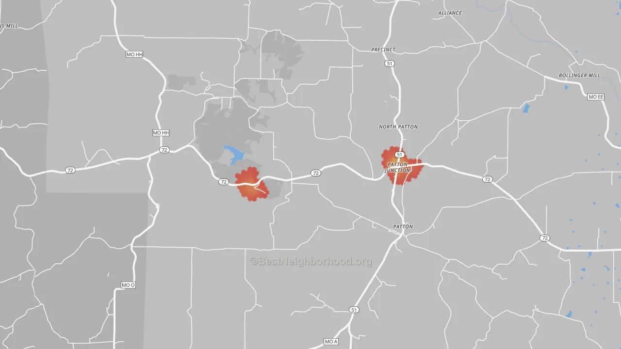 Walk Grade map of 63662, MO, walkable areas in green and car-dependent areas in red