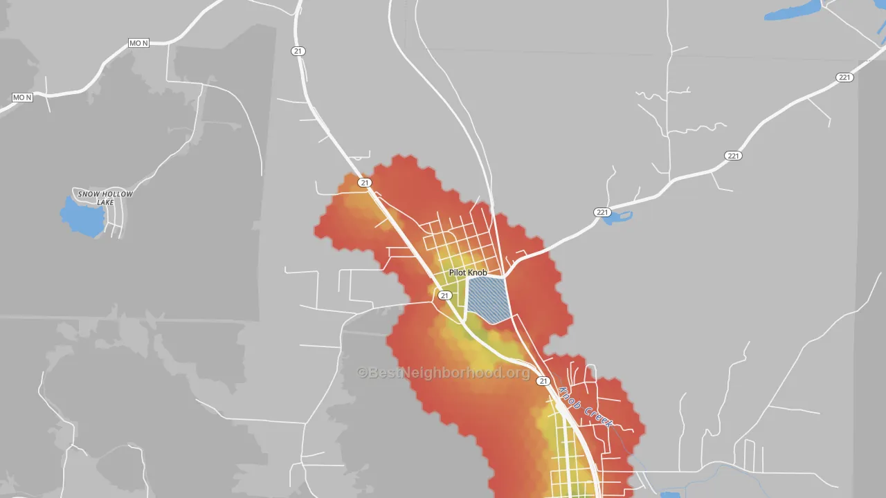 Walk Grade map of 63663, MO, walkable areas in green and car-dependent areas in red