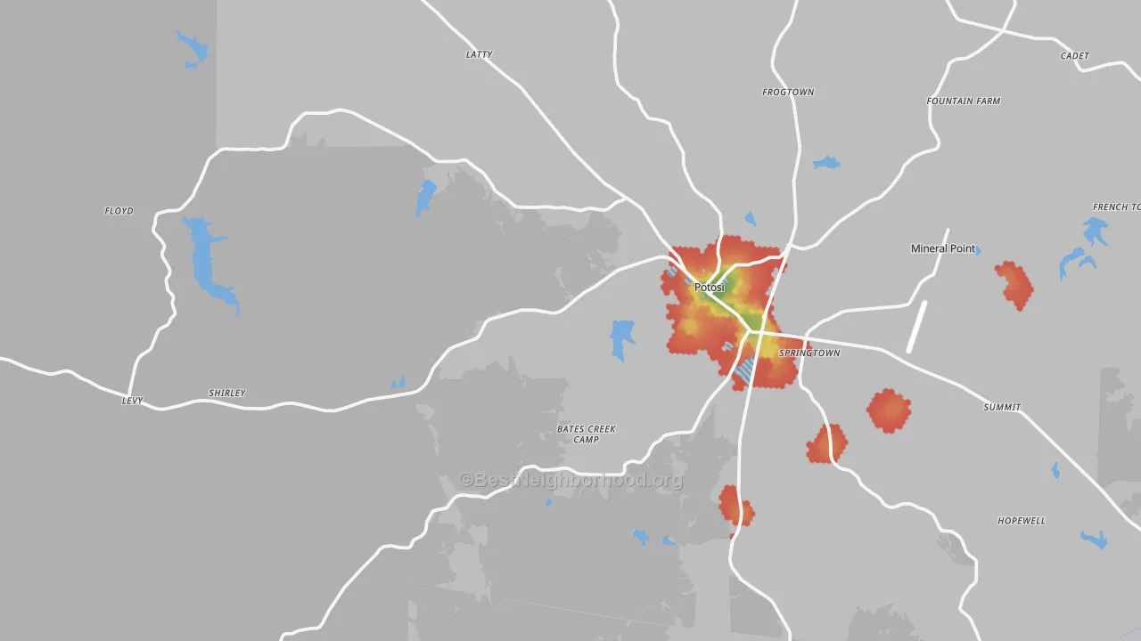 Walk Grade map of 63664, MO, walkable areas in green and car-dependent areas in red