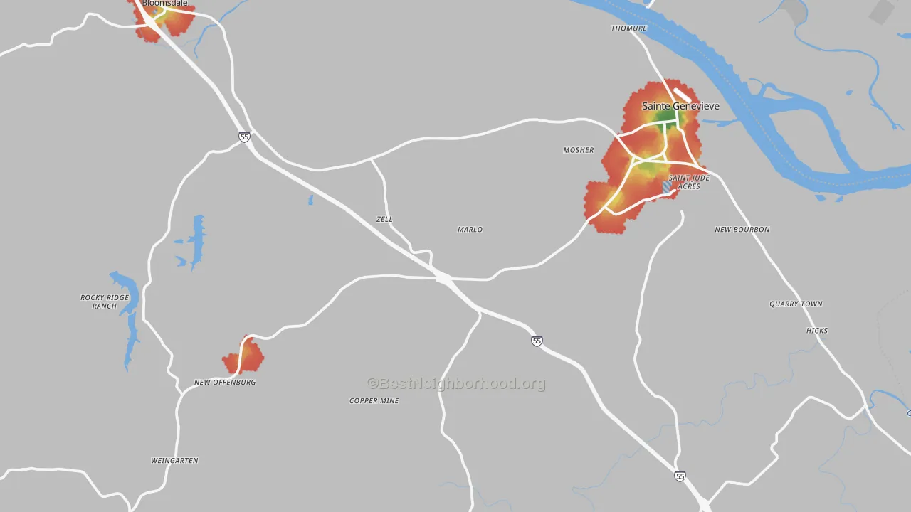Walk Grade map of 63670, MO, walkable areas in green and car-dependent areas in red