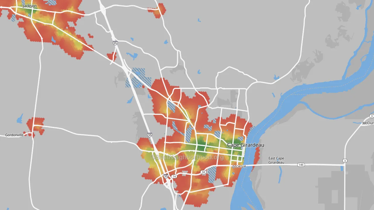 Walk Grade map of 63701, MO, walkable areas in green and car-dependent areas in red