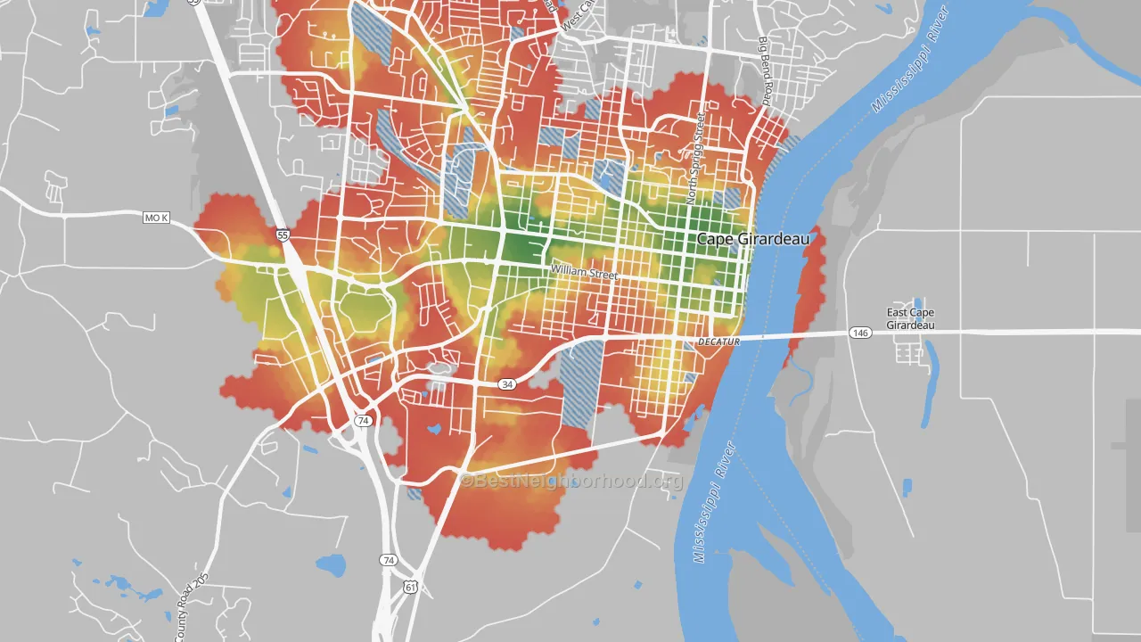 Walk Grade map of 63703, MO, walkable areas in green and car-dependent areas in red