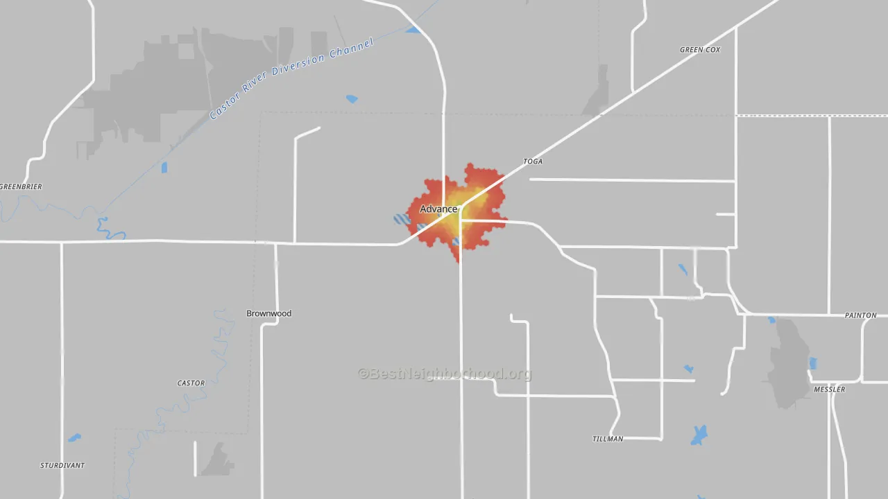 Walk Grade map of 63730, MO, walkable areas in green and car-dependent areas in red