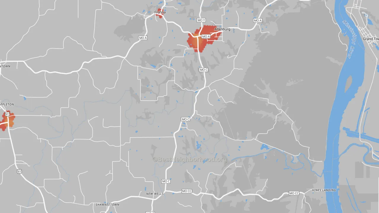 Walk Grade map of 63732, MO, walkable areas in green and car-dependent areas in red