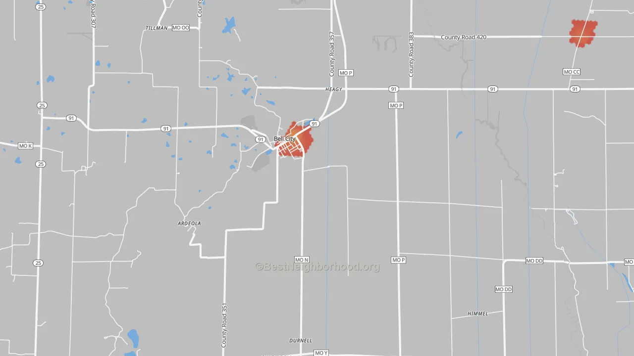 Walk Grade map of 63735, MO, walkable areas in green and car-dependent areas in red