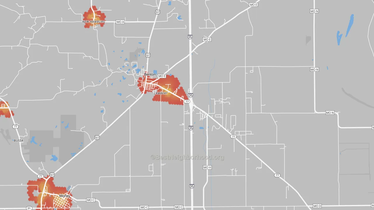 Walk Grade map of 63736, MO, walkable areas in green and car-dependent areas in red