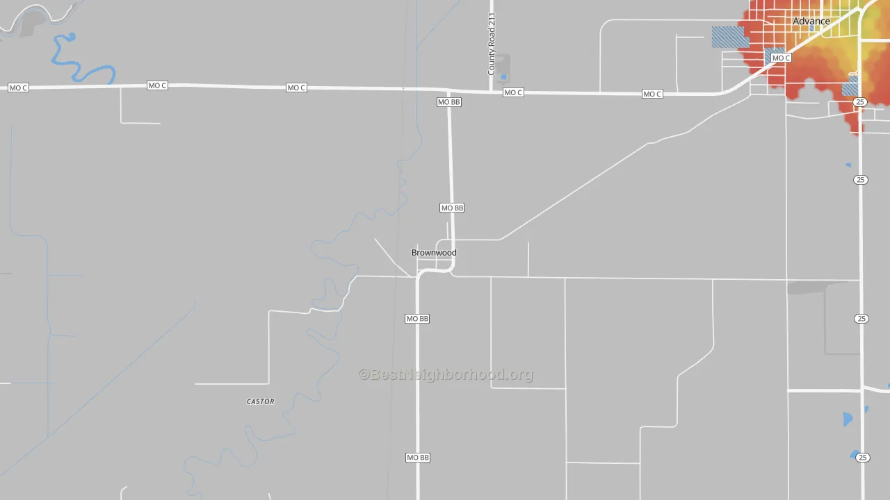 Walk Grade map of 63738, MO, walkable areas in green and car-dependent areas in red