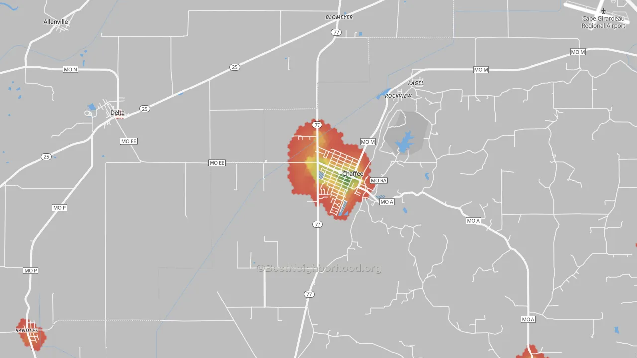 Walk Grade map of 63740, MO, walkable areas in green and car-dependent areas in red