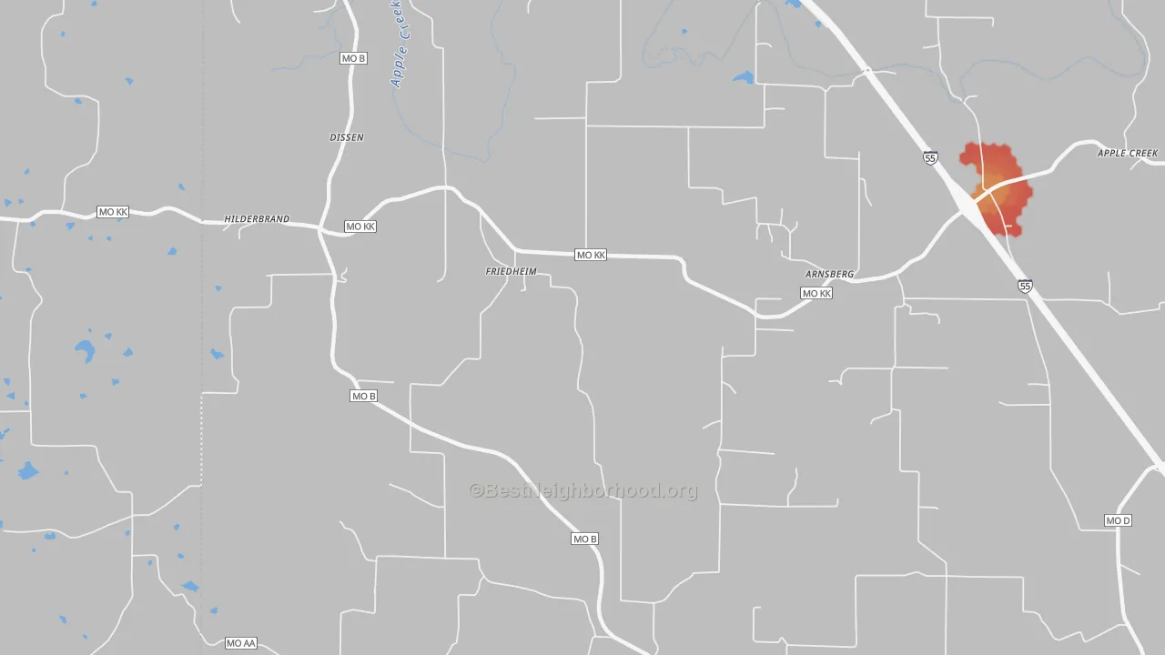 Walk Grade map of 63747, MO, walkable areas in green and car-dependent areas in red