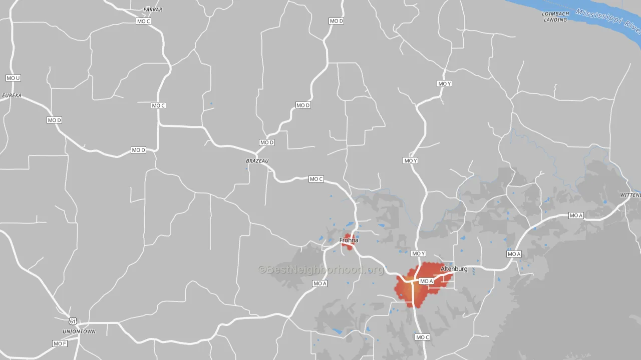 Walk Grade map of 63748, MO, walkable areas in green and car-dependent areas in red