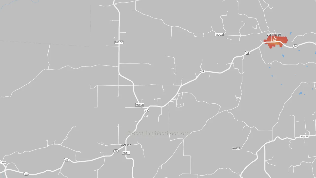 Walk Grade map of 63751, MO, walkable areas in green and car-dependent areas in red