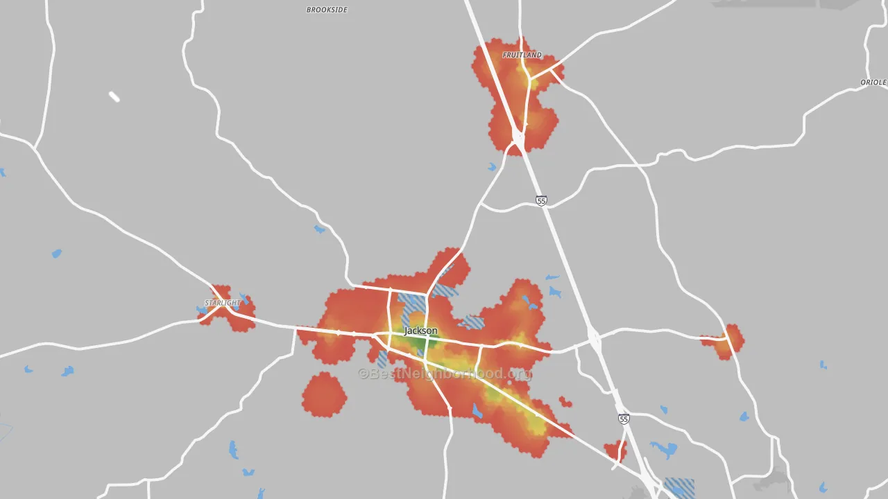 Walk Grade map of 63755, MO, walkable areas in green and car-dependent areas in red