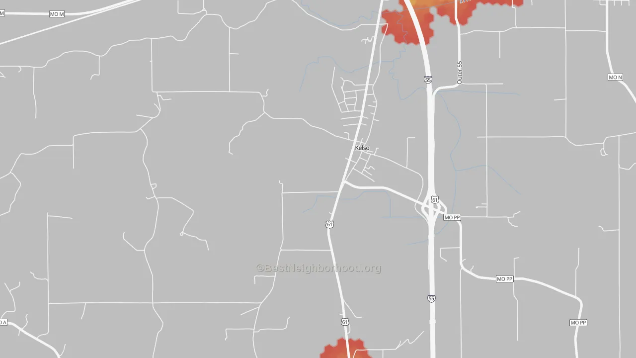 Walk Grade map of 63758, MO, walkable areas in green and car-dependent areas in red