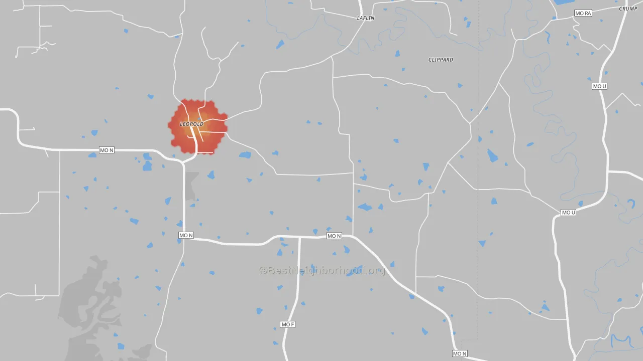 Walk Grade map of 63760, MO, walkable areas in green and car-dependent areas in red