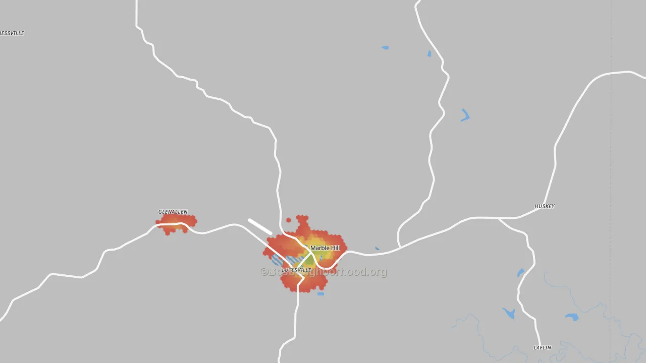 Walk Grade map of 63764, MO, walkable areas in green and car-dependent areas in red