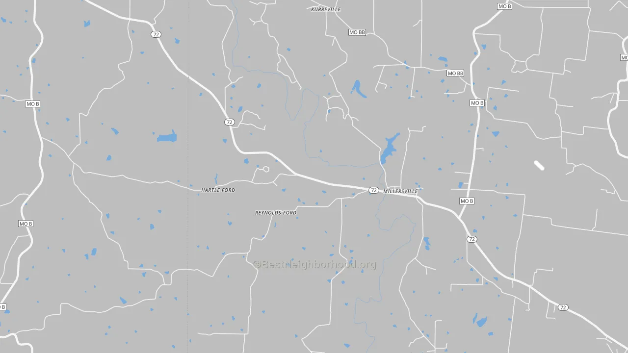 Walk Grade map of 63766, MO, walkable areas in green and car-dependent areas in red