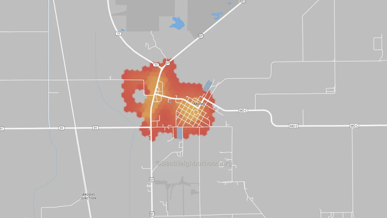 Walk Grade map of 63767, MO, walkable areas in green and car-dependent areas in red