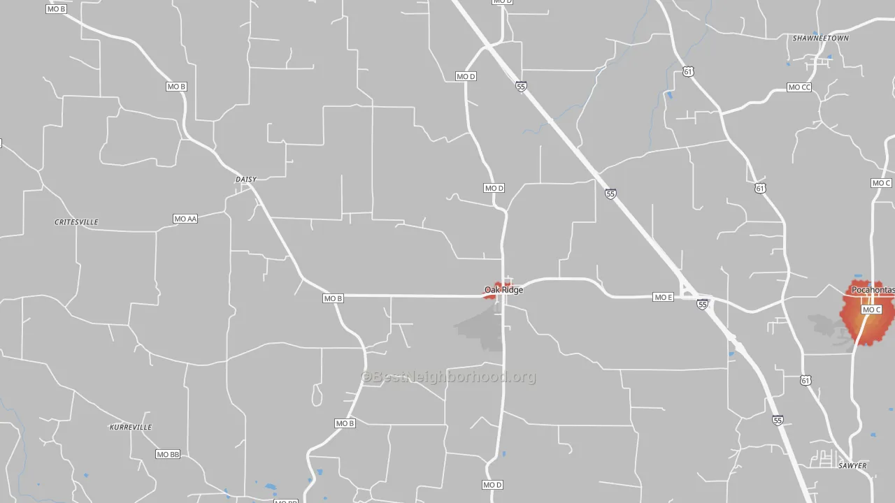 Walk Grade map of 63769, MO, walkable areas in green and car-dependent areas in red