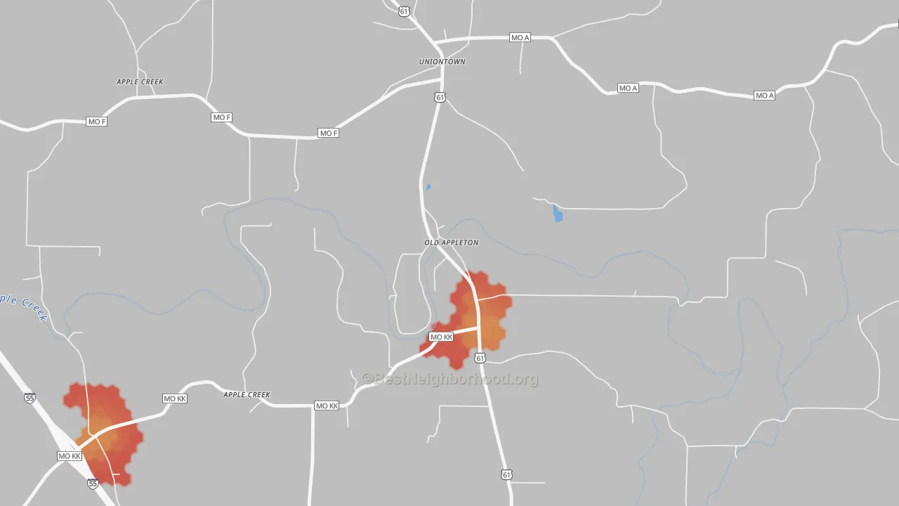 Walk Grade map of 63770, MO, walkable areas in green and car-dependent areas in red