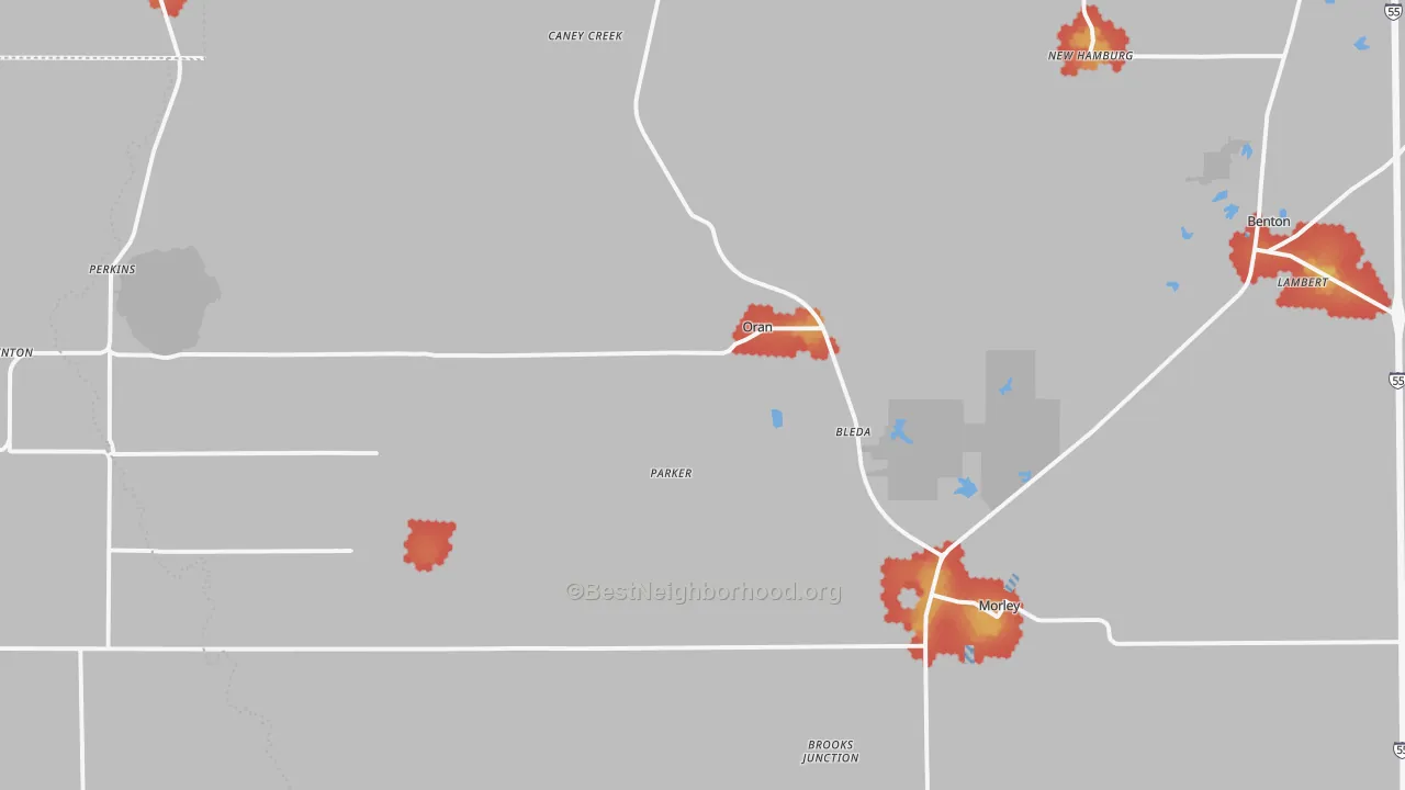 Walk Grade map of 63771, MO, walkable areas in green and car-dependent areas in red