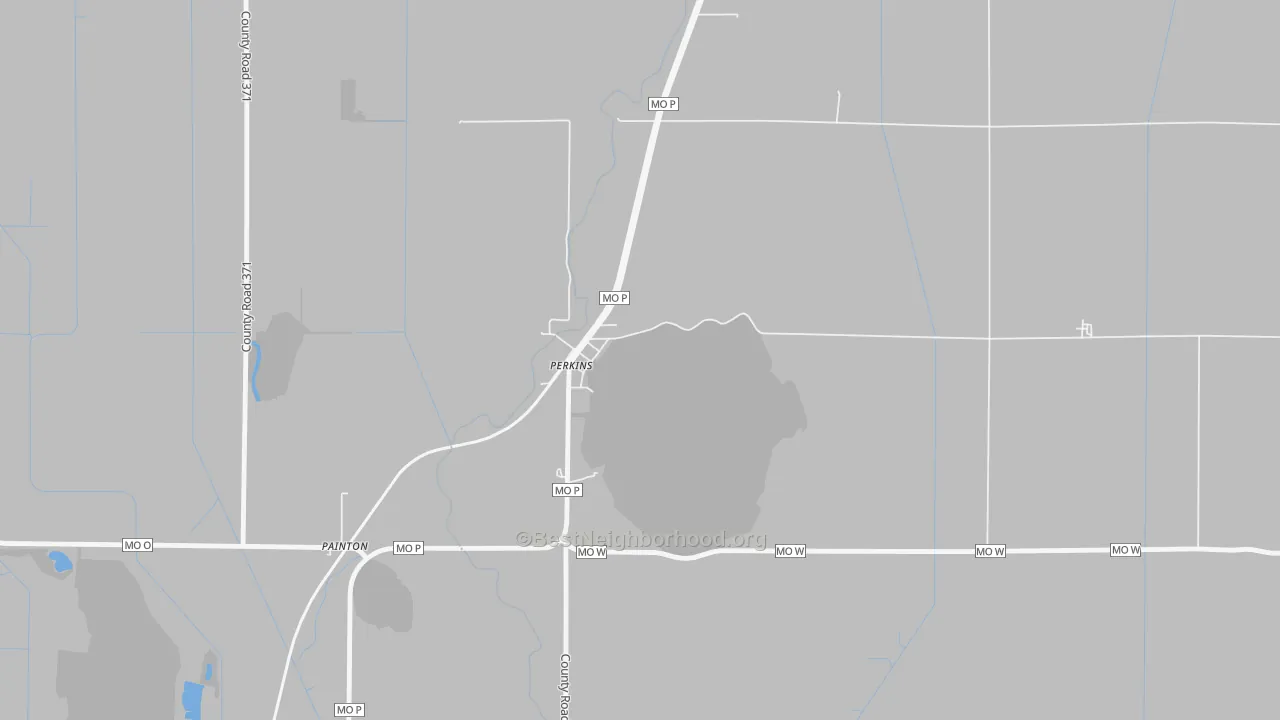 Walk Grade map of 63774, MO, walkable areas in green and car-dependent areas in red