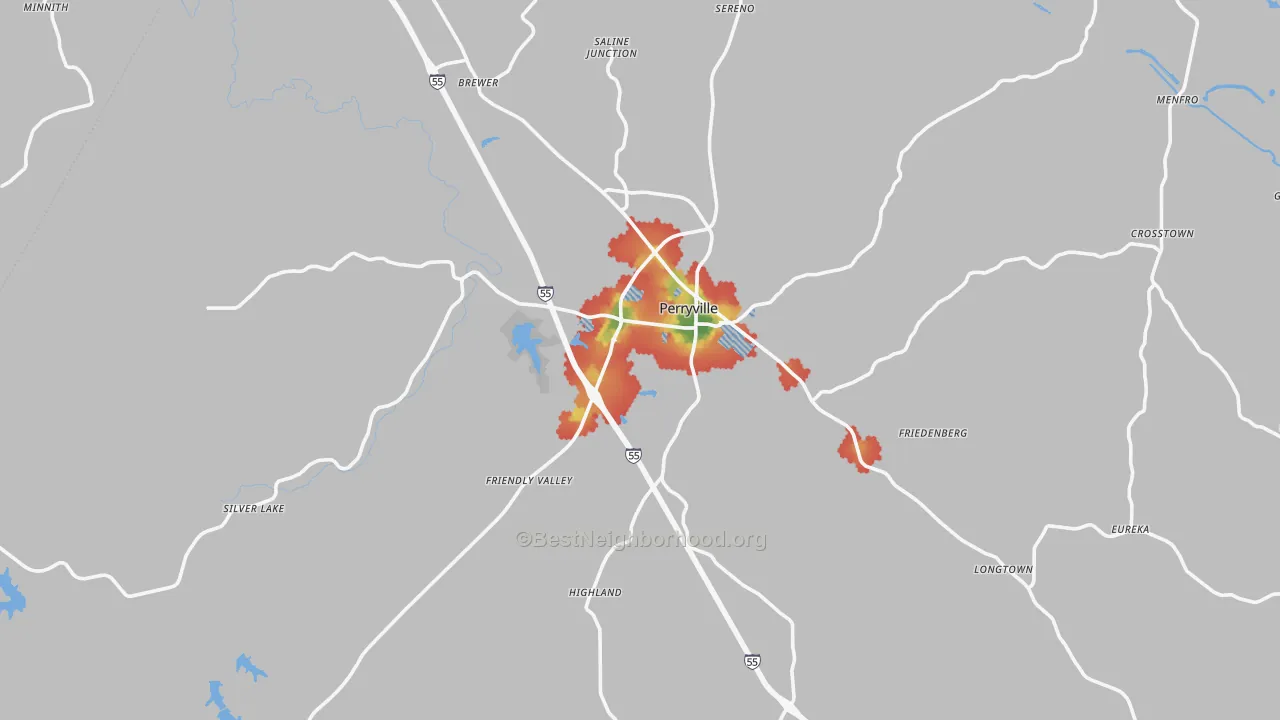 Walk Grade map of 63775, MO, walkable areas in green and car-dependent areas in red