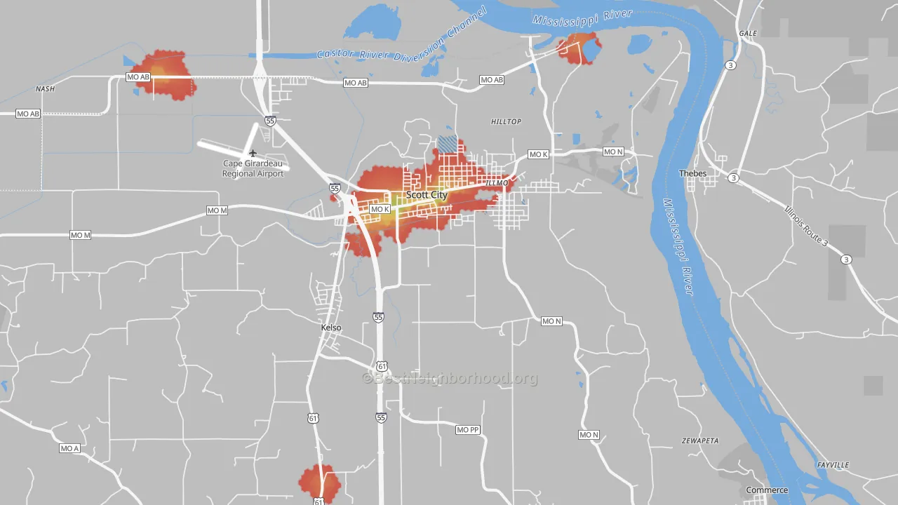 Walk Grade map of 63780, MO, walkable areas in green and car-dependent areas in red