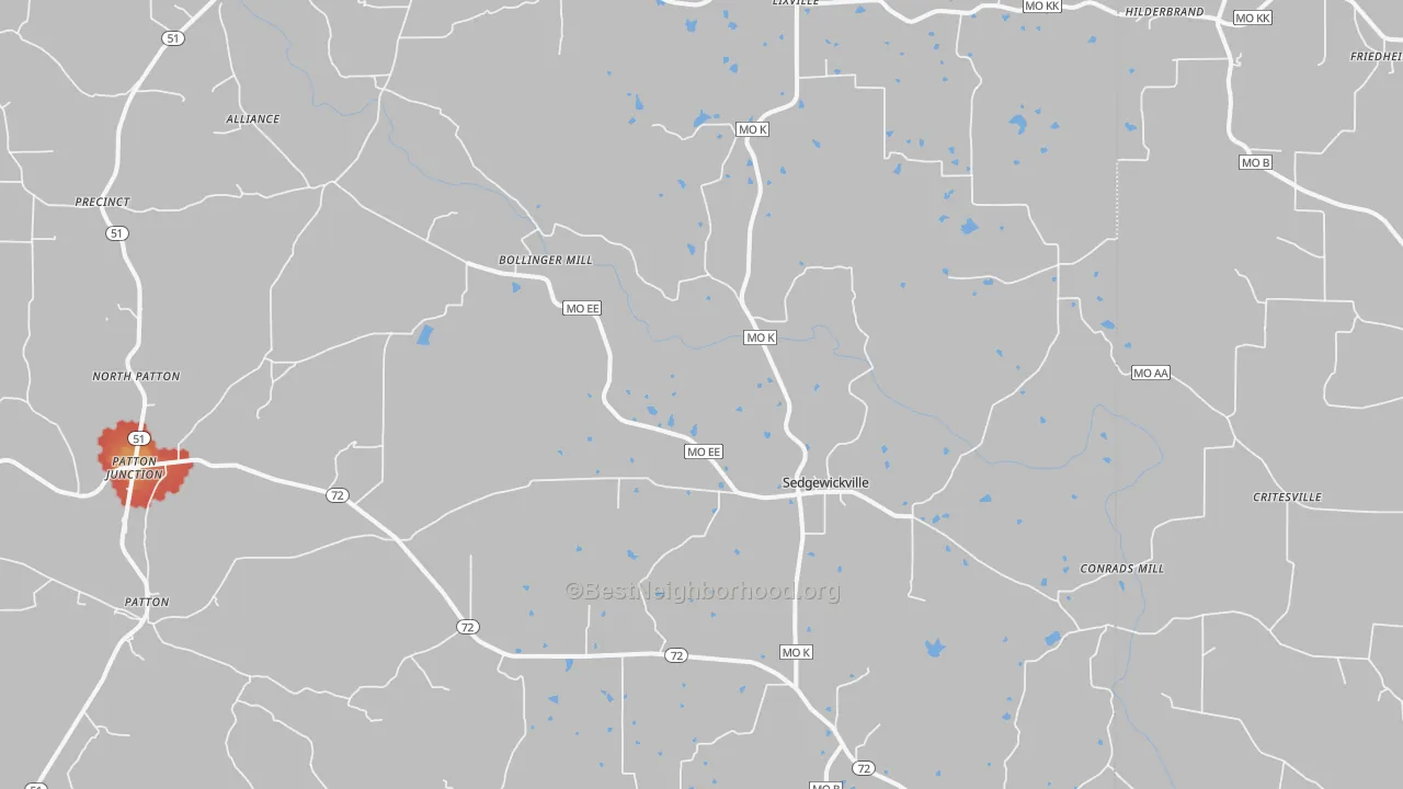 Walk Grade map of 63781, MO, walkable areas in green and car-dependent areas in red