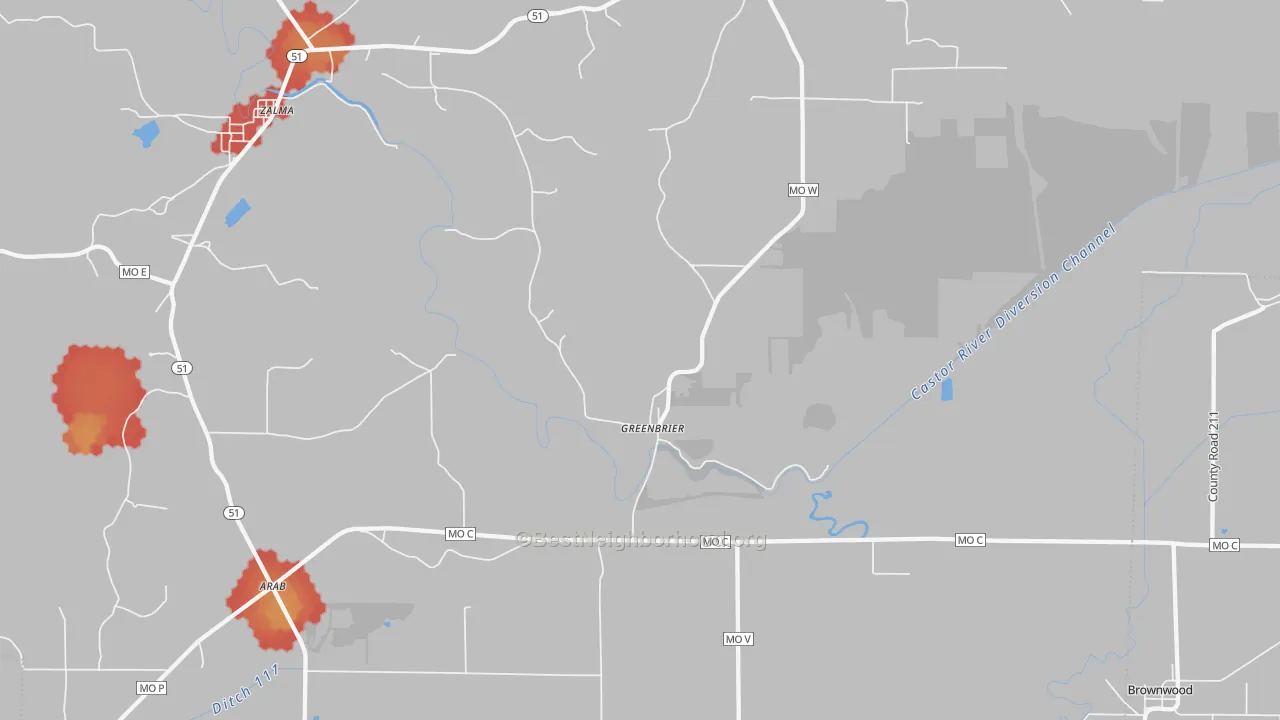 Walk Grade map of 63782, MO, walkable areas in green and car-dependent areas in red
