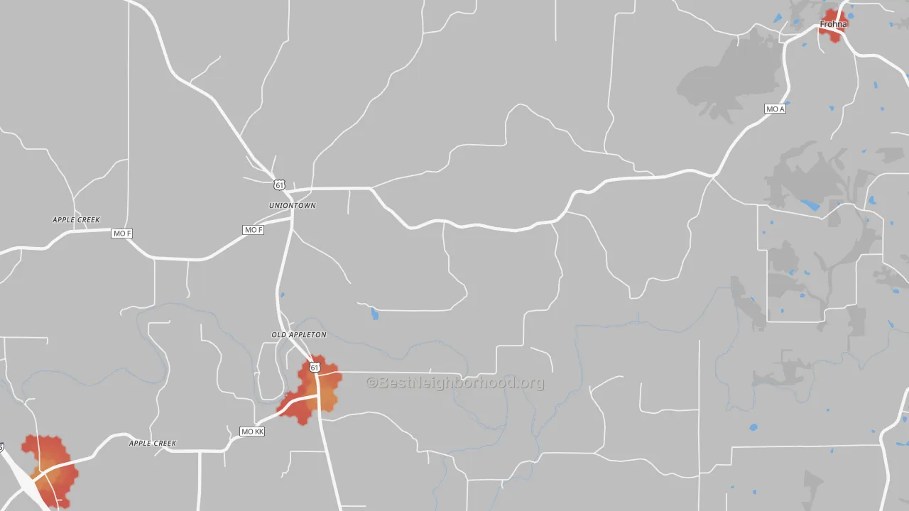 Walk Grade map of 63783, MO, walkable areas in green and car-dependent areas in red