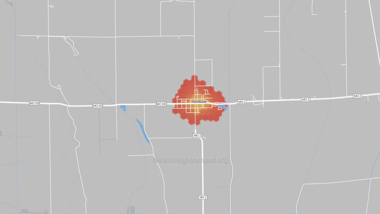 Walk Grade map of 63784, MO, walkable areas in green and car-dependent areas in red