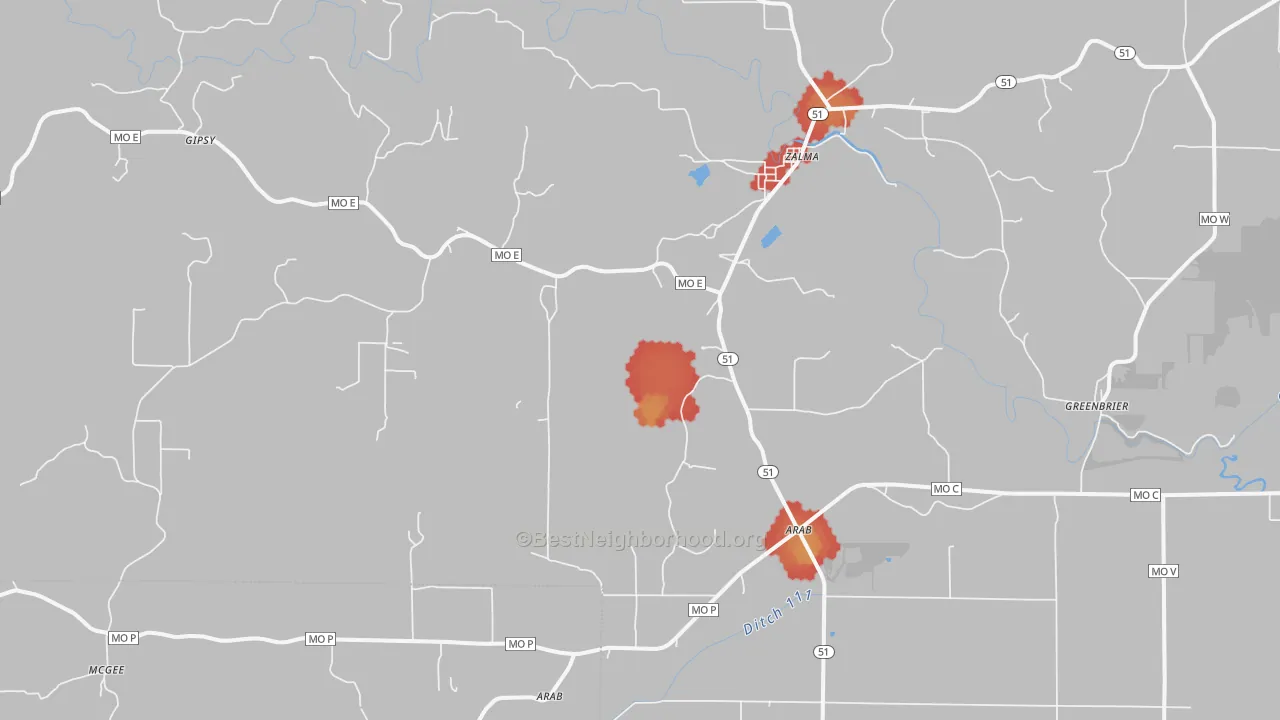 Walk Grade map of 63787, MO, walkable areas in green and car-dependent areas in red