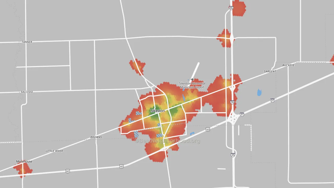 Walk Grade map of 63801, MO, walkable areas in green and car-dependent areas in red