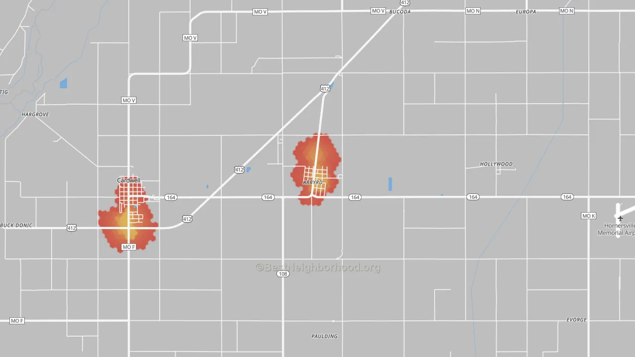 Walk Grade map of 63821, MO, walkable areas in green and car-dependent areas in red