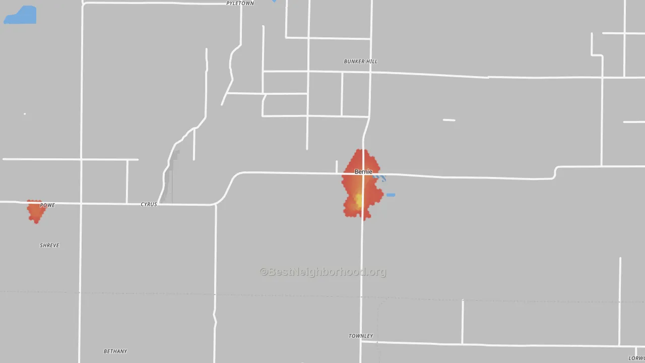 Walk Grade map of 63822, MO, walkable areas in green and car-dependent areas in red