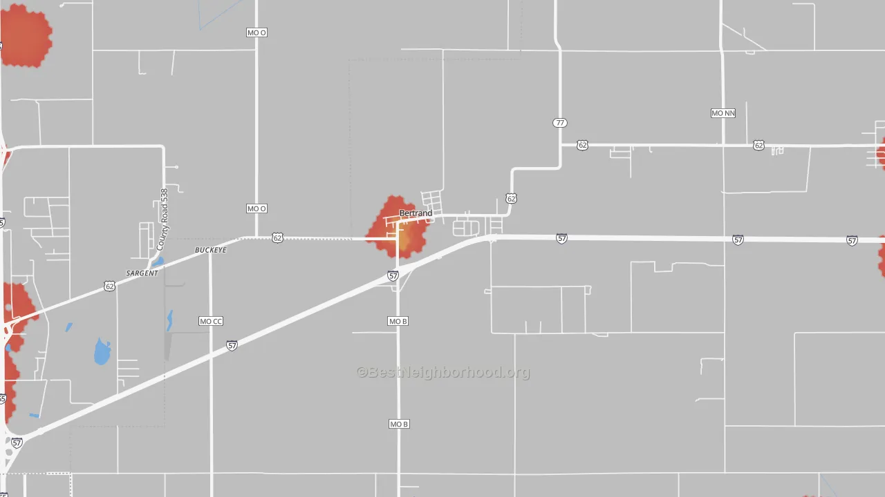 Walk Grade map of 63823, MO, walkable areas in green and car-dependent areas in red