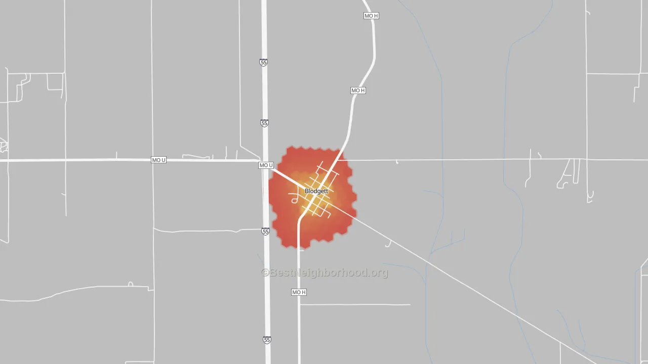 Walk Grade map of 63824, MO, walkable areas in green and car-dependent areas in red