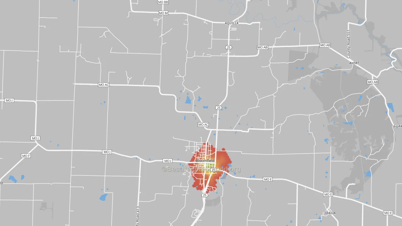 Walk Grade map of 63825, MO, walkable areas in green and car-dependent areas in red